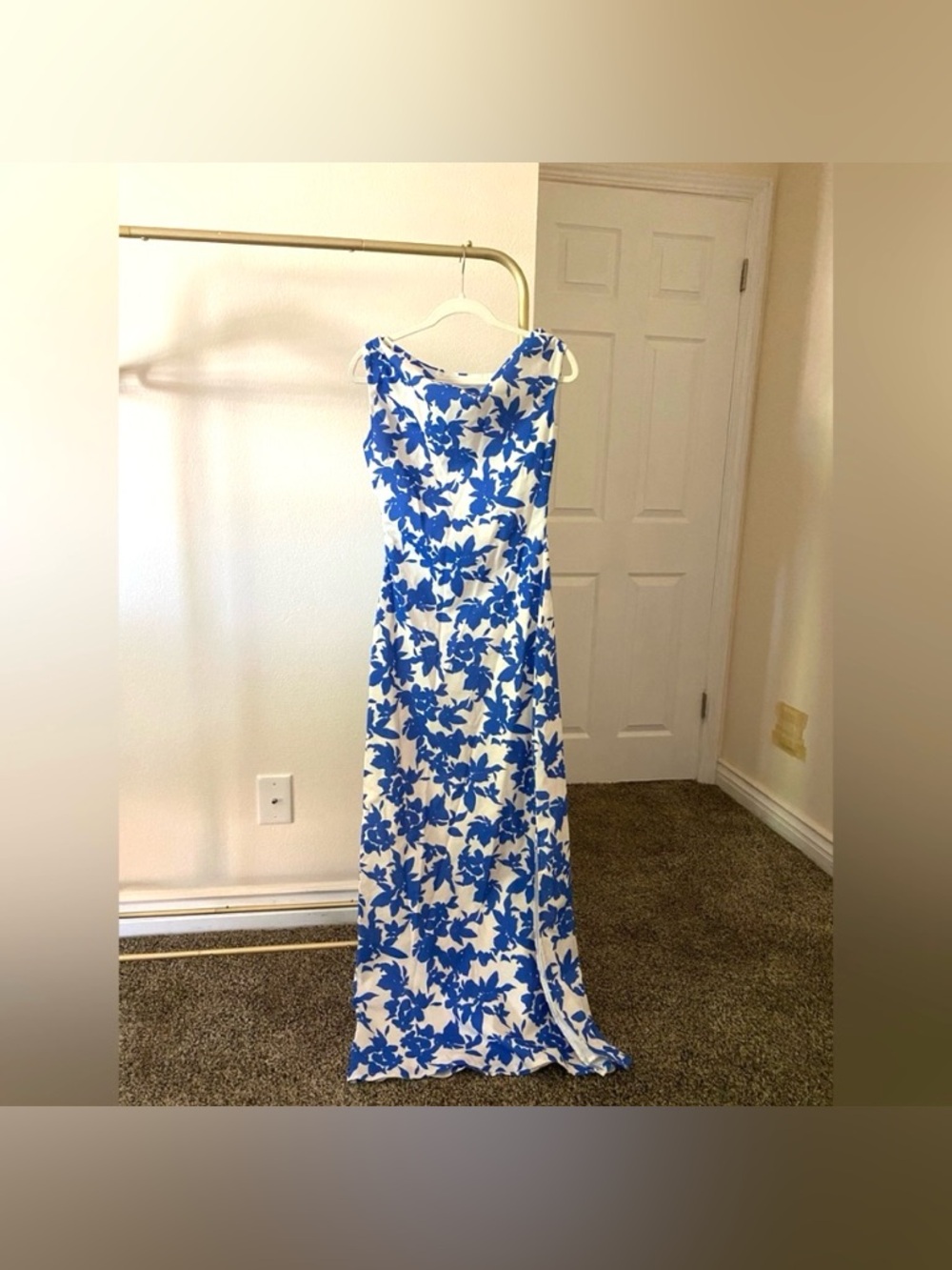 Peppermayo blue and white floral maxi asymmetrical shoulder dress new WO tag - Picture 4 of 5